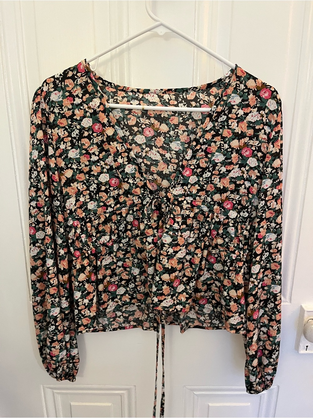 SHEIN Black Floral Tie-Front Peasant Blouse with Pink & Cream Accents